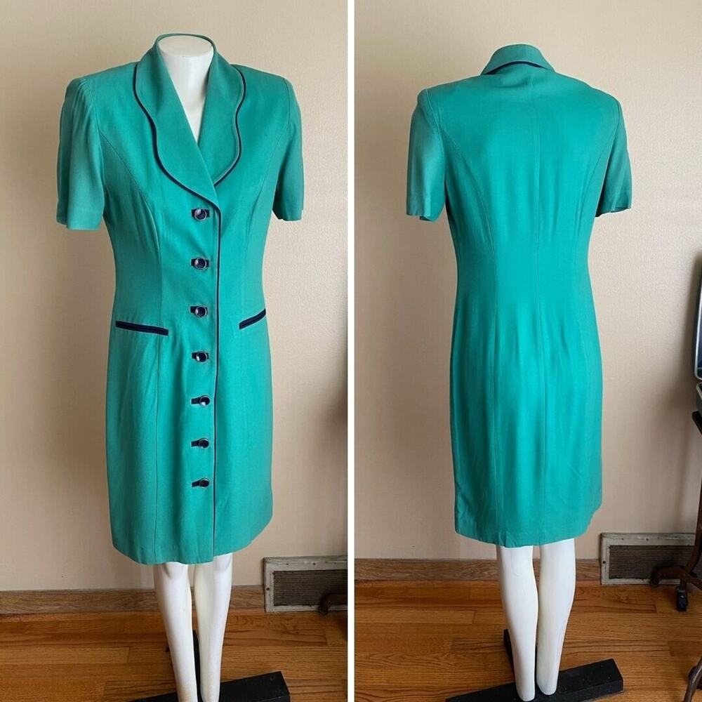 Vintage Danny & Nicole Size 6 Jacket Dress Green Short Sleeve Lightweight Button